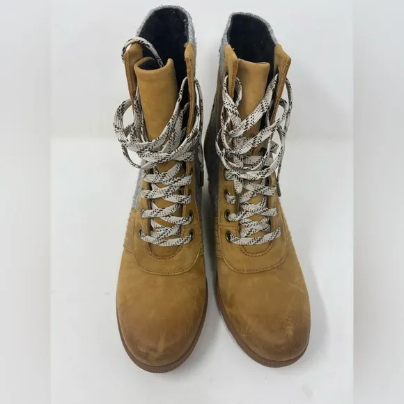 Sorel Lexie Wedge 10.5 Felt Camel Brown‎ Leather Lace Up Boot Waterproof