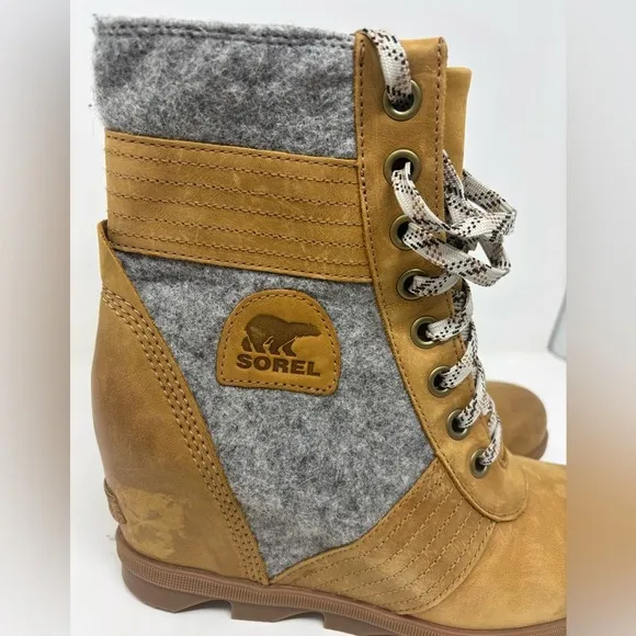 Sorel Lexie Wedge 10.5 Felt Camel Brown‎ Leather Lace Up Boot Waterproof
