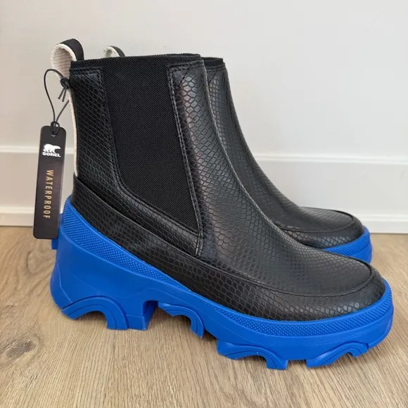 Sorel NEW Brex Chelsea Black Leather Mid Waterproof Ankle Boots Size 6.5 Colbalt