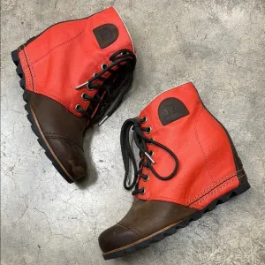 Sorel Red and Brown Lace Up Boots with Wedge Sole