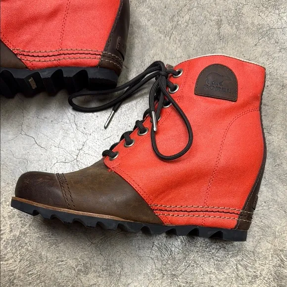 Sorel Red and Brown Lace Up Boots with Wedge Sole