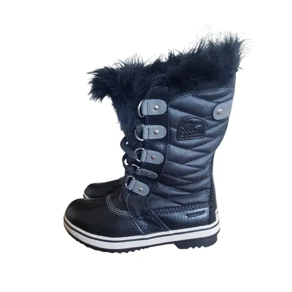 Sorel Tofino II Black Waterproof Winter Snow Boot Girls Sz 2 Faux Fur NY2419-010