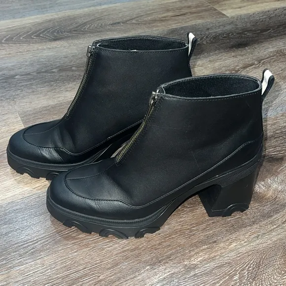 SOREL WOMEN'S BREX Black Platform Waterproof Leather Heel Zip Boots 🖤