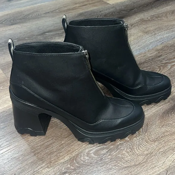 SOREL WOMEN'S BREX Black Platform Waterproof Leather Heel Zip Boots 🖤