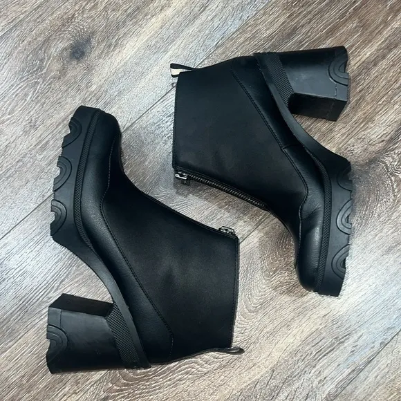 SOREL WOMEN'S BREX Black Platform Waterproof Leather Heel Zip Boots 🖤