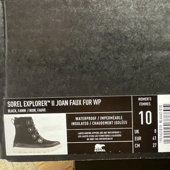 Sorel Women's Explorer II Joan Faux Fur Waterproof Boots Black, Size 10 M
