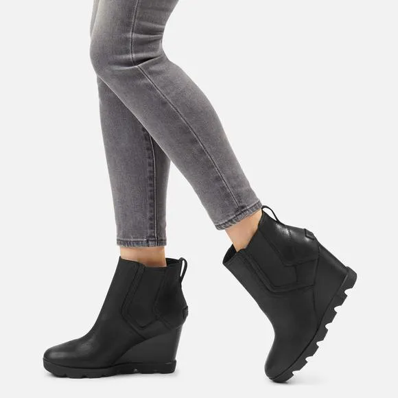 SOREL WOMEN'S JOAN UPTOWN CHELSEA RAIN BOOT - BLACK - WATERPROOF LEATHER - WEDGE