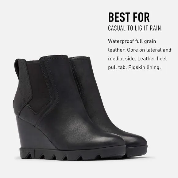 SOREL WOMEN'S JOAN UPTOWN CHELSEA RAIN BOOT - BLACK - WATERPROOF LEATHER - WEDGE