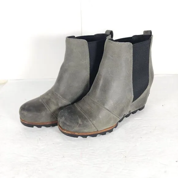 Sorel Women's Lea US6 Wedge Waterproof Leather Gray Chelsea Ankle Booties Boots