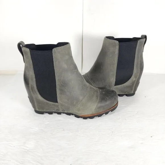 Sorel Women's Lea US6 Wedge Waterproof Leather Gray Chelsea Ankle Booties Boots