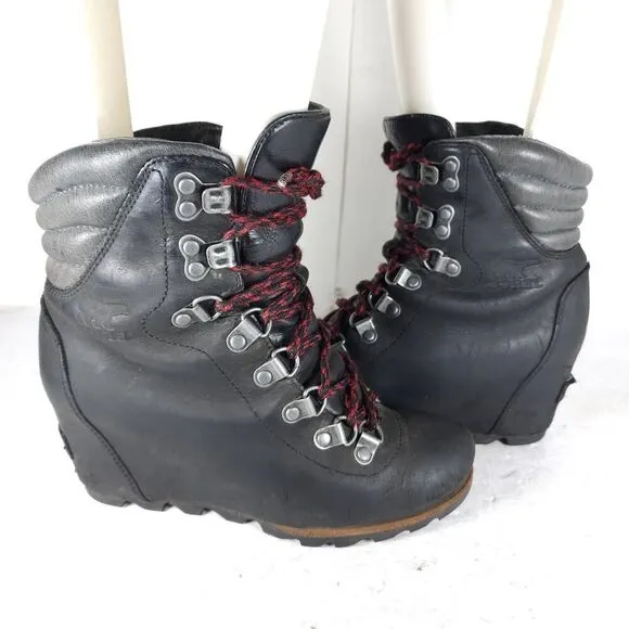 Sorel Women’s Conquest US 6 Black Leather Waterproof Wedge Ankle Winter Boots