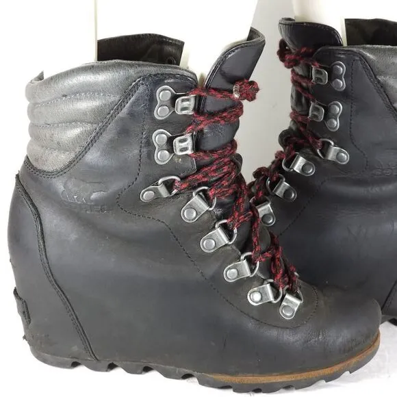 Sorel Women’s Conquest US 6 Black Leather Waterproof Wedge Ankle Winter Boots