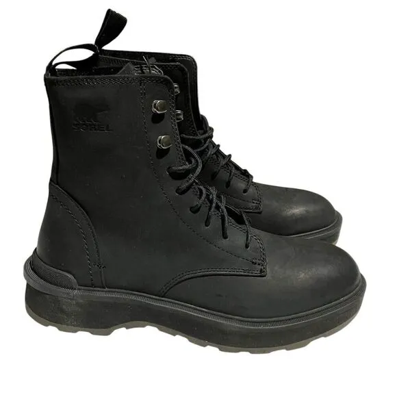 Sorel Boots Womens 7.5 Hi-Line Jet Black Leather Waterproof Lace Up Combat Biker