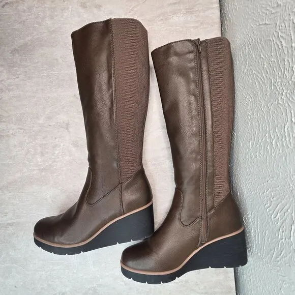 Soul Naturalizer Knee High Wedge Boots 9.5 Wide Fit Brown Comfort Platform Tall
