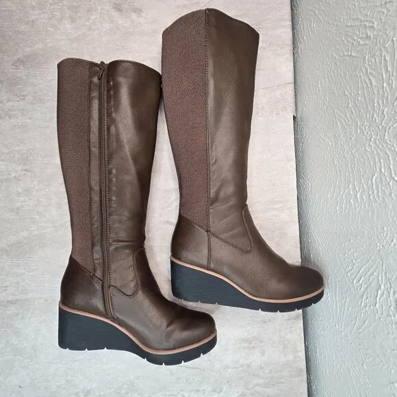 Soul Naturalizer Knee High Wedge Boots 9.5 Wide Fit Brown Comfort Platform Tall