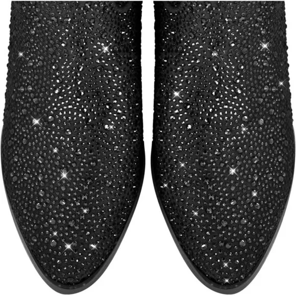 Sparkly Rhinestones Fauxt Sequins Black Leather High Calf Heeled Boots For Women