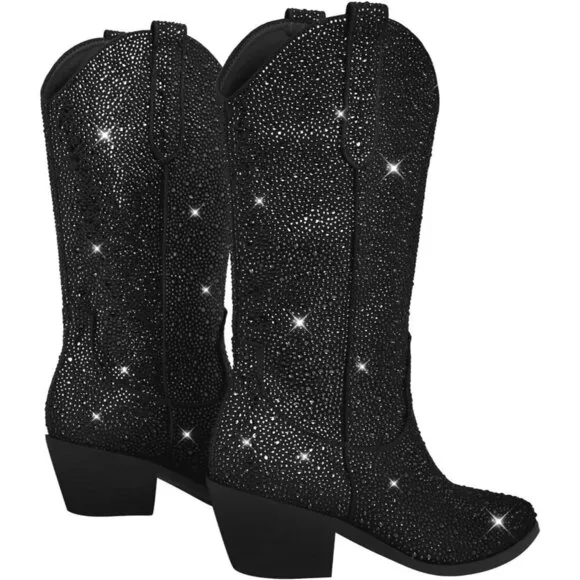 Sparkly Rhinestones Fauxt Sequins Black Leather High Calf Heeled Boots For Women
