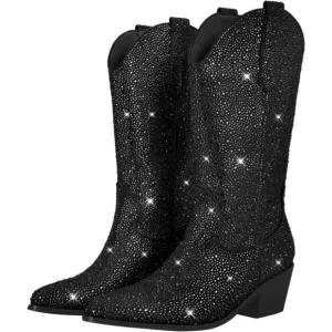 Sparkly Rhinestones Fauxt Sequins Black Leather High Calf Heeled Boots For Women