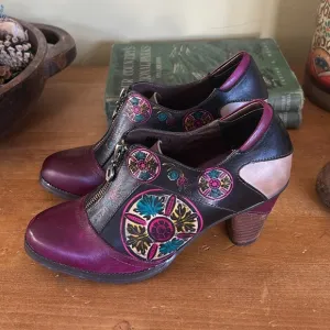 Spring Step L'Artiste Collection Leather Burgundy Floral Boho Steampunk Booties