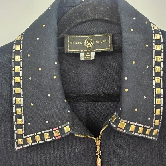 St. John Sport Black Zip Jacket – Studded Glam Details | Size M