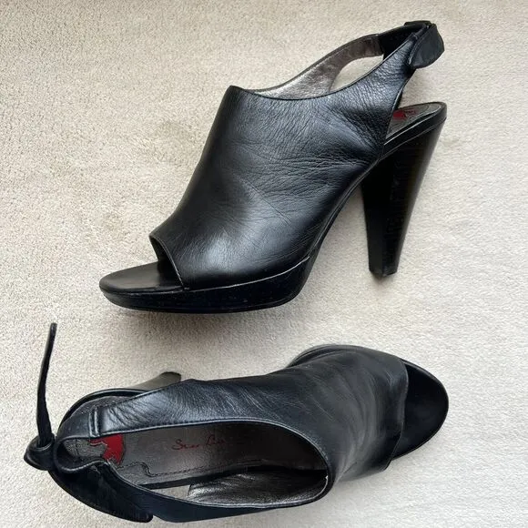 Star Ling Faith Black Leather Slingback Heeled Sandals Women’s 7.5 Classic Bow
