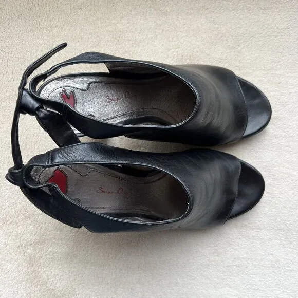 Star Ling Faith Black Leather Slingback Heeled Sandals Women’s 7.5 Classic Bow