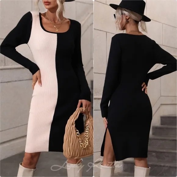Statement Dress with Bold Contrast &amp; Slit
