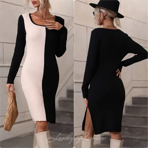 Statement Dress with Bold Contrast &amp; Slit