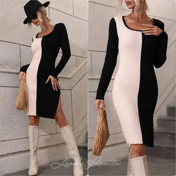 Statement Dress with Bold Contrast &amp; Slit