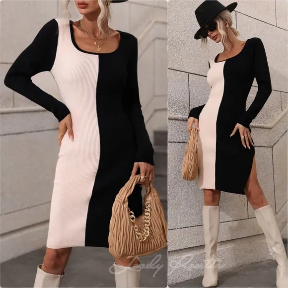 Statement Dress with Bold Contrast &amp; Slit