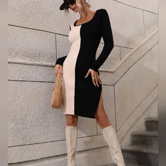 Statement Dress with Bold Contrast &amp; Slit