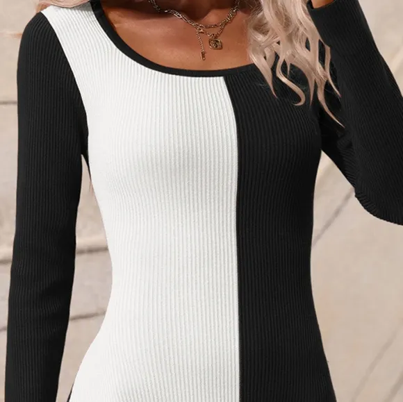 Statement Sweater Dress with Bold Contrast &amp; Slit
