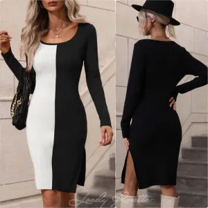 Statement Sweater Dress with Bold Contrast &amp; Slit