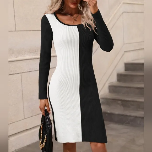 Statement Sweater Dress with Bold Contrast &amp; Slit