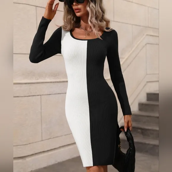 Statement Sweater Dress with Bold Contrast &amp; Slit