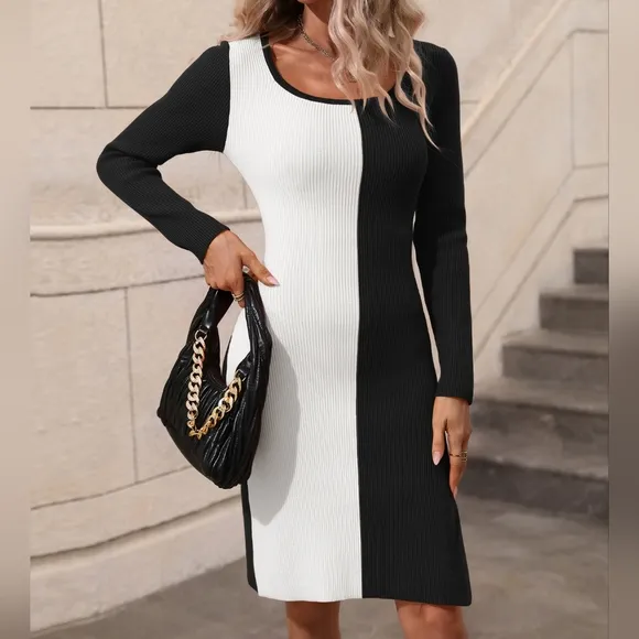 Statement Sweater Dress with Bold Contrast &amp; Slit