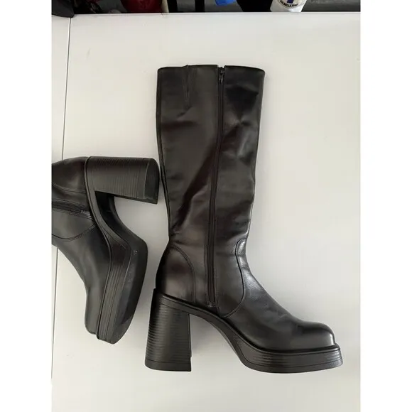 Steve Madden Chunky Boots 11M Black Womens Y2K Fanatik  Zipper Leather Knee-High