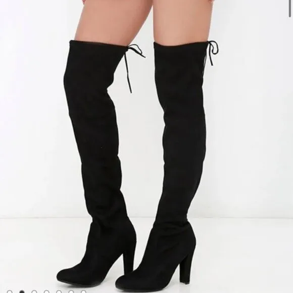 Steve Madden Gorgeous Black Suede Over the Knee Heeled Tie Lace Tall Boots 7.5