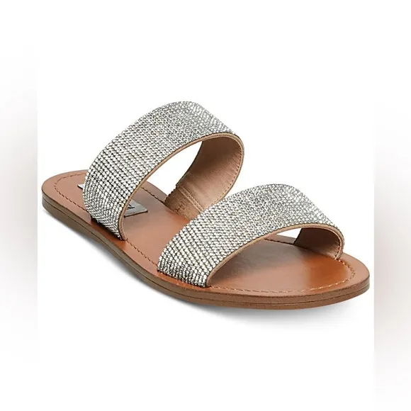 STEVE MADDEN Rhinestone Gemstone Crystal Lucite Clear Flat Nude Sandals Shoes