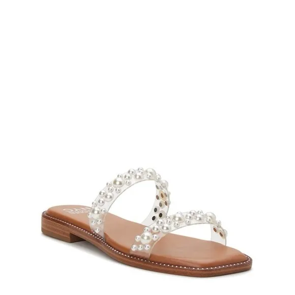 STEVE MADDEN Rhinestone Gemstone Crystal Lucite Clear Flat Nude Sandals Shoes