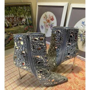 Steve Madden Stiletto Crystalle Rhinestone Silver Ankle Boots Womens 11 Stunning