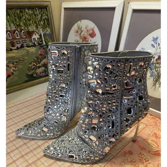 Steve Madden Stiletto Crystalle Rhinestone Silver Ankle Boots Womens 11 Stunning