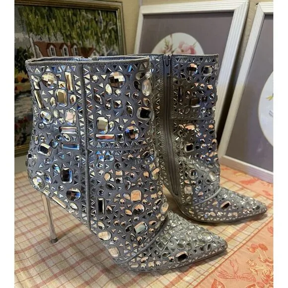 Steve Madden Stiletto Crystalle Rhinestone Silver Ankle Boots Womens 11 Stunning
