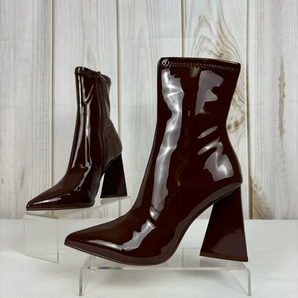 Steve Madden Ticker Boots Retro Funky Flare Chunky Heel Ankle Boot Brown Size 6