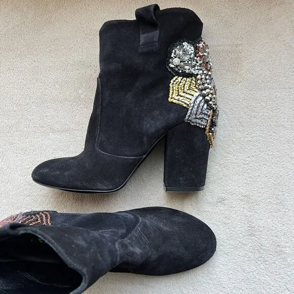 Strategia Black Suede Jewel Embellished Ankle Boot Block Heel Women’s EU 37 US 7