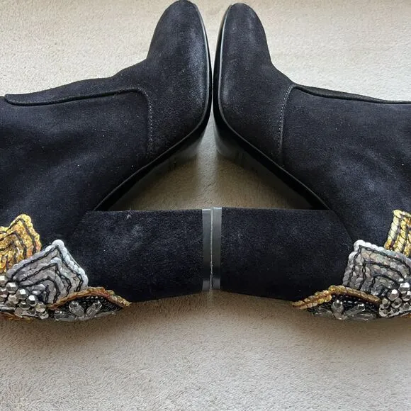 Strategia Black Suede Jewel Embellished Ankle Boot Block Heel Women’s EU 37 US 7