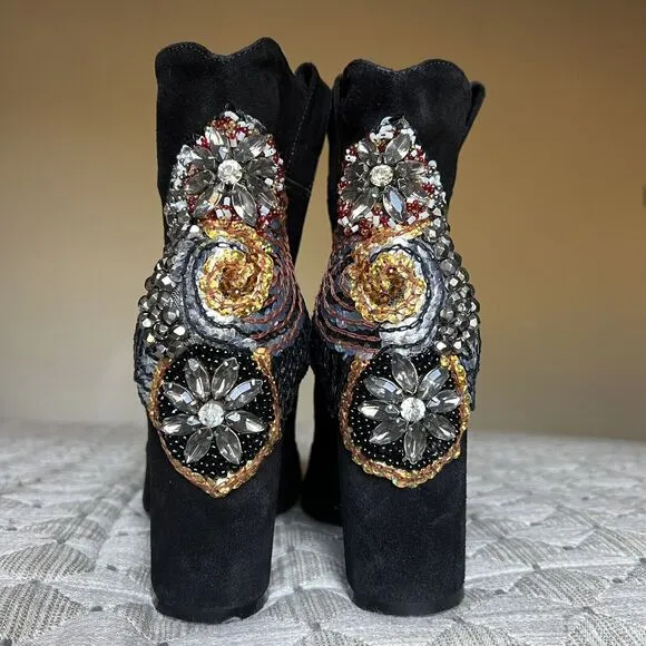 Strategia Black Suede Jewel Embellished Ankle Boot Block Heel Women’s EU 37 US 7