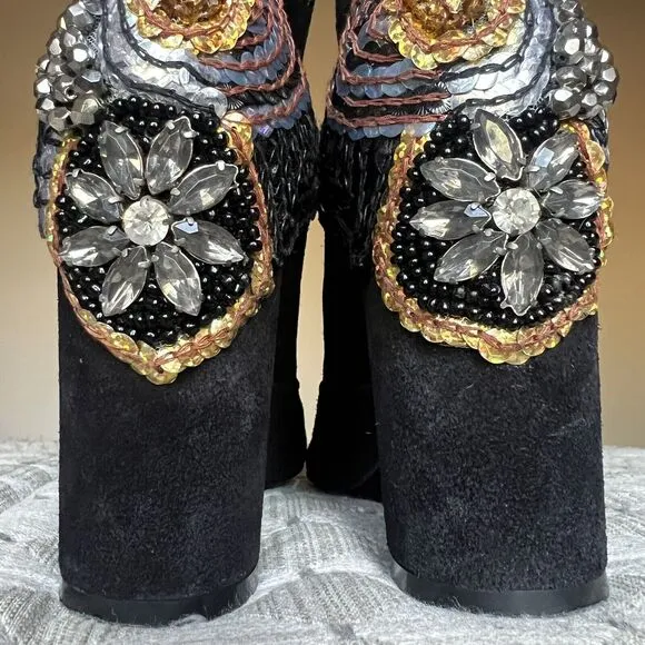 Strategia Black Suede Jewel Embellished Ankle Boot Block Heel Women’s EU 37 US 7