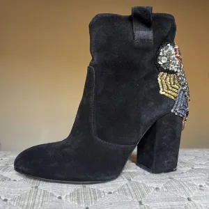 Strategia Black Suede Jewel Embellished Ankle Boot Block Heel Women’s EU 37 US 7