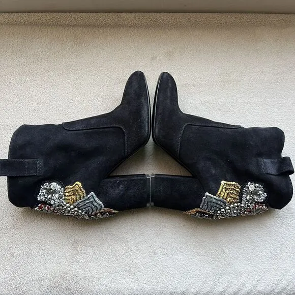 Strategia Black Suede Jewel Embellished Ankle Boot Block Heel Women’s EU 37 US 7